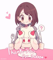 Rule 34 | 1girl, ?, alcremie, alcremie (strawberry sweet), alcremie (vanilla cream), aliceyawnin, bad food, bad id, bad tumblr id, blush, brown eyes, brown hair, commentary, creature, creature as food, creatures (company), eating, english commentary, food, fork, fruit, game freak, gen 8 pokemon, gloria (pokemon), heart, holding, holding fork, holding knife, knife, looking at viewer, nintendo, plate, pokemon, pokemon (creature), pokemon swsh, red eyes, short hair, signature, simple background, spoken question mark, strawberry, table, thank you, white background