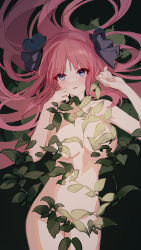 Rule 34 | 1girl, absurdres, belly, black background, blue eyes, blush, breasts, breasts out, cleavage, collarbone, completely nude, convenient censoring, eyes visible through hair, garden, go-toubun no hanayome, hair ornament, highres, large breasts, leaf, legs, long hair, looking at viewer, lying, midriff, nakano nino, no nipples, nude, open mouth, plant, red hair, simple background, solo, woodsbench