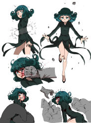 Rule 34 | 1girl, angry, beaten, beating, black dress, blood, clenched teeth, curly hair, defeat, dress, fumitan (humitan), green eyes, green hair, injury, one-punch man, punching, restrained, ryona, surprised, tatsumaki, teeth, torn clothes