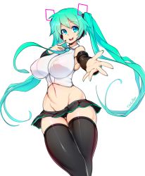 Rule 34 | 1girl, aqua eyes, aqua hair, bad id, bad tumblr id, black hair, black panties, black thighhighs, blue eyes, breasts, commentary, covered erect nipples, curvy, detached sleeves, groin, hatsune miku, headphones, headset, highres, huge breasts, large breasts, long hair, looking at viewer, microskirt, midriff, nail polish, navel, necktie, open mouth, outstretched arm, panties, reaching, reaching towards viewer, signature, simple background, skindentation, skirt, slugbox, smile, solo, teeth, thighhighs, thighs, twintails, underwear, very long hair, vocaloid, white background, wide hips