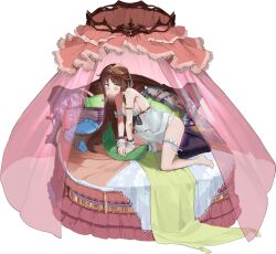 Rule 34 | 1girl, ark order, arm strap, armlet, armpits, artist request, bare shoulders, barefoot, bed, bed sheet, black bow, bow, breasts, brown hair, camisole, curtains, frilled cuffs, full body, green eyes, large breasts, long hair, looking at viewer, official art, on bed, pillow, pout, princess and the pea, princess and the pea (ark order), round bed, sideboob, sidelocks, solo, thigh bow, thigh strap, tiara, transparent background, very long hair, white bow, white camisole, wrist cuffs