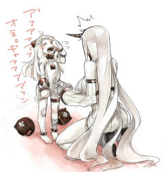 Rule 34 | 10s, 2girls, ^^^, abyssal ship, ahoge, anklet, bandages, bandaid, barefoot, claws, crying, detached sleeves, horns, jewelry, kantai collection, kneeling, long hair, mittens, monster, multiple girls, northern ocean princess, open mouth, pale skin, seaport princess, shuu-0208, single horn, tears, torn clothes, very long hair, white hair