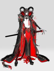 Rule 34 | 1boy, abs, au (d elete), black footwear, black hair, black sclera, cape, character request, closed mouth, colored sclera, copyright request, demon boy, demon horns, facial tattoo, fingernails, full body, fur cape, hair between eyes, hand on weapon, highres, hime cut, horns, jewelry, lip piercing, long hair, looking at viewer, male focus, navel, necklace, piercing, red eyes, red tassel, sharp fingernails, simple background, smile, solo, sword, tattoo, topless male, twitter username, very long hair, weapon, wolf cut