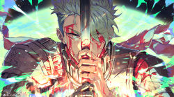 Rule 34 | 1boy, achilles (fate), armor, bleeding, blood, blood on face, blood on hands, cape, close-up, covered mouth, eyes visible through hair, fate/apocrypha, fate/grand order, fate (series), fighting stance, gauntlets, gradient background, gradient eyes, gradient hair, green hair, hair between eyes, heqanim, highres, holding, holding weapon, injury, leather, light, long sleeves, looking at viewer, male focus, manly, metal, multicolored eyes, multicolored hair, one eye covered, polearm, sash, single gauntlet, solo, upper body, weapon, yellow eyes