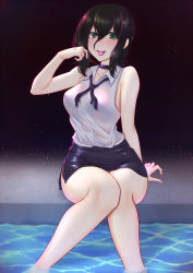Rule 34 | 1girl, bare legs, black hair, blush, chainsaw man, choker, collarbone, feet out of frame, green eyes, hair between eyes, highres, knees together feet apart, legs, long hair, looking at viewer, multicolored hair, on water, open mouth, pool, popoman, purple choker, purple skirt, reze (chainsaw man), shirt, sitting, skirt, solo, teeth, tongue, tongue out, upper teeth only, white shirt