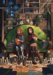 Rule 34 | 2girls, armor, bird, birdcage, black hair, book, bookmark, bookshelf, boots, brown eyes, brown hair, cage, candle, cape, capelet, coffee mug, couch, cup, facial mark, fantasy, freckles, frown, greaves, green eyes, headband, heterochromia, holding, holding book, indoors, jar, knee boots, lantern, library, light particles, long hair, looking at another, looking to the side, magic circle, monokubo, mug, multiple girls, open book, original, reading, scar, scar across eye, scar on face, silhouette, sitting, spirits, steam, torn clothes, twitter username, wooden floor