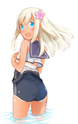 Rule 34 | 1girl, ass, back, blue eyes, blush, comah, crop top, flower, from behind, hair between eyes, hair flower, hair ornament, kantai collection, long hair, looking at viewer, looking back, one-piece swimsuit, one-piece tan, open mouth, ro-500 (kancolle), sailor collar, school swimsuit, school uniform, serafuku, simple background, smile, solo, swimsuit, swimsuit under clothes, tan, tanline, thighs, water, white hair