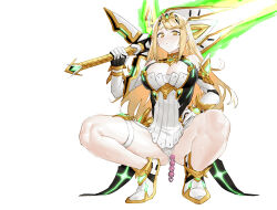 Rule 34 | 1girl, absurdres, aegis sword (xenoblade), anal, anal beads, anal object insertion, armor, blonde hair, breasts, cleavage, clenched teeth, gloves, headpiece, highres, holding, large breasts, long hair, looking at viewer, mythra (xenoblade), object insertion, over shoulder, panties, renxzd, sex toy, side ponytail, simple background, solo, squatting, sweat, swept bangs, teeth, thigh strap, underwear, very long hair, weapon, weapon over shoulder, white background, white panties, xenoblade chronicles (series), xenoblade chronicles 2, yellow eyes