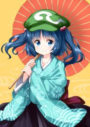 Rule 34 | 1girl, alternate costume, black skirt, blue eyes, blue hair, blue kimono, cabbie hat, commentary request, cowboy shot, floral background, green hat, hair bobbles, hair ornament, hakama, hakama short skirt, hakama skirt, hat, highres, holding, holding umbrella, japanese clothes, kawashiro nitori, kimono, long hair, looking at viewer, oil-paper umbrella, red umbrella, ruu (tksymkw), simple background, skirt, smile, solo, touhou, two side up, umbrella, yellow background