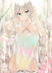 Rule 34 | 1girl, absurdres, adjusting hair, aqua eyes, armpits, arms up, bare shoulders, breasts, chain, collarbone, commentary request, cowboy shot, criss-cross halter, day, dress, elf, flower, gem, groin, hair between eyes, hair flowing over, halterneck, highleg, highres, hip bones, jewelry, large breasts, long hair, looking at viewer, o-ring, o-ring top, original, parted lips, partially submerged, pelvic curtain, pointy ears, revealing clothes, silver hair, sling bikini top, solo, standing, stomach, tomozero, very long hair, wading, water, waterfall, wet, white dress