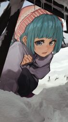 Rule 34 | 1girl, aqua hair, blue eyes, casual, hat, highres, jacket, looking at viewer, original, pink hat, russia, scenery, servachok, short hair, snow, solo, tagme, winter, winter clothes