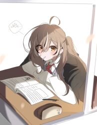 Rule 34 | 1girl, absurdres, ahoge, alternate costume, bandaid, bandaid on face, bird, black jacket, blush, book, brown eyes, brown hair, candy, chair, collared shirt, desk, doodles, dress shirt, falling petals, food, hair over one eye, highres, hololive, hololive english, jacket, lollipop, looking outside, multicolored hair, nanashi mumei, necktie, notebook, official alternate hairstyle, one side up, open book, pen, pencil case, petals, red necktie, school chair, school desk, school uniform, shirt, speech bubble, streaked hair, virtual youtuber, white shirt, wind, xx tk9