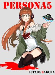 Rule 34 | 10s, 1girl, bad id, bad twitter id, bare shoulders, black thighhighs, boots, brown eyes, brown hair, bunko (fumimatsu), fur trim, glasses, headphones, jacket, necronomicon (persona 5), persona, persona 5, sakura futaba, solo, thighhighs, thighhighs under boots, ufo