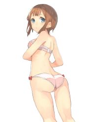 Rule 34 | 10s, 1girl, ass, back, bad id, bad twitter id, bare shoulders, blue eyes, bow, bow panties, bra, brown hair, butt crack, cameltoe, fat mons, frilled bra, frills, from behind, highres, kame^^, kosaka yukiho, lace, lace-trimmed panties, lace trim, love live!, love live! school idol project, no nose, panties, pink bra, pink panties, short hair, simple background, solo, standing, strapless, strapless bra, underwear, underwear only, white background