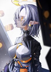 Rule 34 | 1girl, absurdres, black jacket, breasts, buttons, crymachina, double halo, earrings, facial tattoo, floating, floating object, floating weapon, grey hair, grey shirt, hair between eyes, halo, highres, jacket, jewelry, large breasts, long pointy ears, medium hair, mikoto sengiku (crymachina), open mouth, orange eyes, pointy ears, shirt, sidelocks, solo, taigaai4649, tattoo, upper body