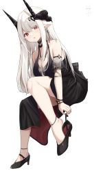 Rule 34 | 1girl, absurdres, arknights, bare shoulders, black dress, black footwear, collarbone, dress, earrings, grey hair, hair ornament, high heels, highres, horns, invisible chair, jewelry, long hair, mudrock (arknights), mudrock (obsidian) (arknights), necklace, official alternate costume, parted lips, pointy ears, red eyes, see-through, short sleeves, sitting, solo, undressing, wrist cuffs, zayur
