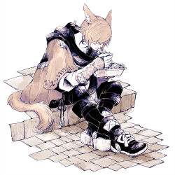 Rule 34 | 1boy, :t, animal ears, black footwear, black pants, black scarf, boots, bowl, bracer, braid, brown hair, brown jacket, cat boy, cat ears, cat tail, chewing, closed eyes, crossed ankles, eating, eyes visible through hair, facial mark, final fantasy, final fantasy xiv, food, fork, from side, full body, g&#039;raha tia, hatching (texture), highres, holding, holding bowl, holding fork, itowo (itowc), jacket, knee boots, leaning forward, male focus, miqo&#039;te, monochrome, neck tattoo, pants, scarf, sepia, short hair, single braid, sitting, solo, tail, tattoo, white background