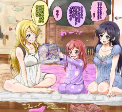 Rule 34 | 10s, 3girls, ayase eli, black hair, blonde hair, blush, happinesscharge precure!, lingerie, long hair, love live!, love live! school idol project, multiple girls, nightgown, nishikino maki, pajamas, precure, red hair, shogo (4274732), smile, tojo nozomi, translation request, underwear, aged down
