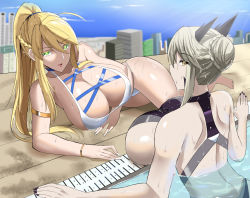 Rule 34 | 2girls, ahoge, artoria pendragon (all), artoria pendragon (fate), artoria pendragon (lancer) (fate), artoria pendragon (lancer alter) (fate), artoria pendragon (swimsuit ruler) (fate), back, backboob, bikini, blonde hair, bracelet, breast rest, breasts, building, cleavage, dual persona, fate/grand order, fate (series), female focus, green eyes, hair bun, huge breasts, jewelry, long hair, looking at viewer, looking back, lying, multiple girls, nail polish, outdoors, partially submerged, ponytail, pool, shiny skin, single hair bun, skyscraper, sunlight, swimsuit, thighs, wet