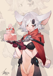 Rule 34 | 1girl, absurdres, animal ears, bikini, black bikini, black gloves, cake, cherry, cloak, dated, eyes visible through hair, food, food request, fruit, fur-trimmed cloak, fur trim, gloves, grey hair, hair ornament, highres, holding, holding plate, linween, looking at viewer, mouse ears, mouse girl, multicolored clothes, multicolored gloves, navel, original, plate, red cloak, red eyes, red gloves, short eyebrows, signature, solo, strawberry, swimsuit, tongue, tongue out, two-tone gloves, zoom layer