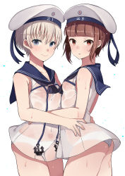 Rule 34 | 10s, 2girls, ass, bad id, bad pixiv id, bare shoulders, blue eyes, blunt bangs, blush, brown eyes, brown hair, clothes writing, cowboy shot, dress, hat, highres, hug, kantai collection, looking at viewer, multiple girls, no bra, no pants, oniku (oishii oniku), panties, parted lips, sailor collar, sailor dress, sailor hat, see-through, short hair, silver hair, sleeveless, smile, underwear, water, wet, wet clothes, white hat, z1 leberecht maass (kancolle), z3 max schultz (kancolle)