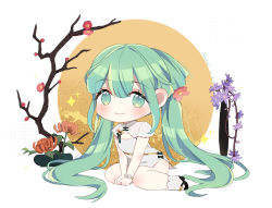Rule 34 | 1girl, alternate hairstyle, black bow, black footwear, black ribbon, blush, bow, breasts, chibi, china dress, chinese clothes, chrysanthemum, cleavage cutout, closed mouth, clothing cutout, dress, eyelashes, flower, flower bracelet, full body, green eyes, green hair, hair flower, hair ornament, hatsune miku, highres, kimey, long hair, looking at viewer, pelvic curtain, purple eyes, red flower, ribbon, shaohua hatsune miku, shoes, short dress, short sleeves, sidelocks, sitting, smile, socks, solo, tree, v arms, very long hair, vocaloid, wariza, white background, white dress, white socks