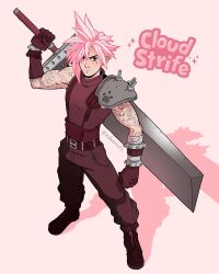 Rule 34 | 1boy, adam ellis, alternate hair color, arm tattoo, belt, black eyes, brown belt, brown gloves, buster sword, character name, clenched hand, cloud strife, commentary, facial mark, final fantasy, final fantasy vii, full body, gloves, hair over one eye, highres, holding, holding sword, holding weapon, huge weapon, instagram username, male focus, pink hair, serious, shadow, single shoulder pad, solo, sparkle, sword, tattoo, turtleneck, weapon