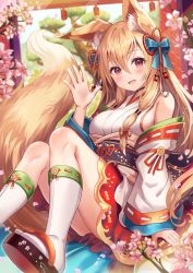 Rule 34 | 1girl, :d, animal ear fluff, animal ears, bare shoulders, blonde hair, blush, breasts, cherry blossoms, commentary request, detached sleeves, fox ears, fox girl, fox tail, hair between eyes, hair ornament, highres, large breasts, long hair, looking at viewer, obi, open mouth, original, red eyes, sakura ani, sash, smile, solo, tail, waving