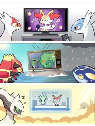 Rule 34 | animal ear fluff, animal nose, arceus, braixen, building, celebi, closed eyes, clothed pokemon, comic, commentary, controller, creatures (company), english commentary, english text, formal, furry, game freak, gen 2 pokemon, gen 3 pokemon, gen 4 pokemon, gen 5 pokemon, gen 6 pokemon, glasses, groudon, highres, komanychi, kyogre, latias, latios, legendary pokemon, microphone, musical note, mythical pokemon, necktie, news, nintendo, nintendo switch, pokemon, pokemon (creature), primal groudon, primal kyogre, rain, rayquaza, remote control, rock, silent comic, sleeping, snout, star (symbol), storm cloud, suit, sun, television, v, victini, water, water drop, zzz