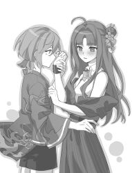 2girls artist_request awa_subaru blush bow bowtie bracelet commission girls_band_cry greyscale hair_between_eyes hair_bun hair_intakes haori highres iseri_nina japanese_clothes jewelry kimono kuuhaku_to_catharsis long_hair long_sleeves low_twintails monochrome multiple_girls obi off_shoulder open_mouth outline sash second-party_source shirt short_hair short_twintails shorts single_side_bun sleeveless sleeveless_shirt twintails yuri