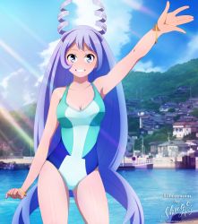 Rule 34 | 1girl, alternate breast size, arm up, artist name, bare shoulders, blue eyes, blue hair, blue one-piece swimsuit, boku no hero academia, bracelet, breasts, cleavage, collarbone, competition swimsuit, derivative work, drill hair, grin, hadou nejire, highres, house, huge filesize, jewelry, long hair, looking at viewer, medium breasts, ocean, one-piece swimsuit, shugo19, smile, solo, standing, swimsuit, town, very long hair, water, waving