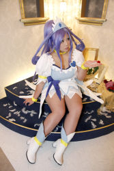 Rule 34 | 1girl, ankle boots, asian, blue eyes, blue hair, boots, bow, bracelet, breasts, choker, chouzuki maryou, cleavage, cosplay, cure diamond (cosplay), dokidoki! precure, dress, headpiece, jewelry, large breasts, long hair, magical girl, matching hair/eyes, photo (medium), plump, ponytail, precure, puffy short sleeves, puffy sleeves, ribbon, short sleeves, sitting, solo, tiara