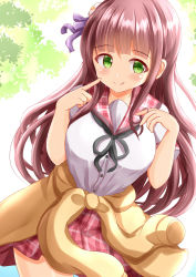 Rule 34 | 1girl, :q, black ribbon, blush, breasts, brown cardigan, brown hair, cardigan, cardigan around waist, closed mouth, clothes around waist, commentary request, flower, gochuumon wa usagi desu ka?, green eyes, hair flower, hair ornament, hair ribbon, hands up, highres, large breasts, long hair, looking at viewer, neck ribbon, pink sailor collar, pink skirt, plaid, plaid sailor collar, plaid skirt, purple ribbon, ribbon, sailor collar, school uniform, serafuku, shirt, short sleeves, skirt, smile, solo, tongue, tongue out, ujimatsu chiya, very long hair, white flower, white shirt, xenon (for achieve)
