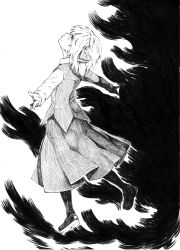 Rule 34 | 1girl, darkness, embodiment of scarlet devil, female focus, greyscale, highres, looking up, monochrome, outstretched arms, pantyhose, rumia, short hair, solo, spread arms, takeuma, touhou