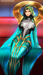 Rule 34 | 1girl, alternate costume, badcompzero, bodysuit, breasts, covered navel, highres, hood, impossible bodysuit, impossible clothes, large breasts, league of legends, odyssey sona, skin tight, sona (league of legends), tagme, wide hips, yellow eyes