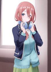 Rule 34 | 1girl, blue eyes, blue jacket, blue sweater, blurry, blurry background, blush, brown hair, closed mouth, commentary, cowboy shot, eyelashes, eyes visible through hair, facing viewer, go-toubun no hanayome, green skirt, hair between eyes, head tilt, headphones, headphones around neck, highres, holding, holding headphones, indoors, jacket, long hair, looking at viewer, manjirou (manji illust), nakano miku, open clothes, open jacket, pleated skirt, sidelocks, skirt, smile, solo, standing, sweater