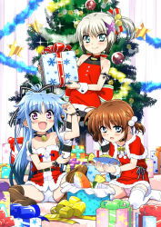Rule 34 | 3girls, :d, absurdres, alternate hairstyle, aqua eyes, arm ribbon, armband, back bow, bare shoulders, bell, black choker, black hair, black legwear, black ribbon, blue eyes, blue hair, blue panties, blush, bow, brown hair, capelet, choker, christmas, christmas ornaments, christmas tree, closed mouth, commentary request, crotch seam, dress, fang, fish, fur-trimmed capelet, fur-trimmed dress, fur trim, garland (decoration), gift, hair bell, hair bobbles, hair ornament, hair ribbon, hair up, halter dress, halterneck, heart, heart print, highres, holding, holding gift, indoors, jewelry, large bow, leaning forward, levi the slasher, long hair, looking at viewer, lord dearche, low twintails, lyrical nanoha, mahou shoujo lyrical nanoha innocent, miyajima hitoshi, multicolored hair, multiple girls, neck bell, necklace, on floor, open mouth, panties, pantyshot, pink panties, ponytail, purple eyes, red bow, red capelet, red dress, revision, ribbon, santa dress, short dress, short hair, sidelocks, silver hair, sitting, smile, snowflake print, sparkle, spread legs, standing, star ornament, stern the destructor, strapless, strapless dress, striped clothes, striped legwear, striped thighhighs, thighhighs, twintails, two-tone hair, underwear, unworn jewelry, unworn necklace, vertical-striped clothes, vertical-striped thighhighs, wariza, white legwear, wrist cuffs, x hair ornament