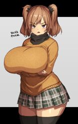 Rule 34 | 1girl, arms under breasts, black scarf, black thighhighs, breasts, brown eyes, brown hair, commentary, crossed arms, grey shirt, highres, huge breasts, looking at viewer, makino momiji (artist), open mouth, original, plaid, plaid skirt, pleated skirt, scarf, shirt, skirt, solo, sweater, thighhighs, translation request, two side up, yellow sweater