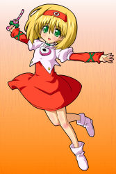 Rule 34 | 00s, 1girl, bad id, bad pixiv id, blonde hair, candy, candy cane, cropped jacket, dai mahou touge, dress, female focus, food, full body, gradient background, green eyes, headband, holding, holding candy, holding candy cane, holding food, shoes, short hair, simple background, smile, solo, tanaka punie, tea (084630000)