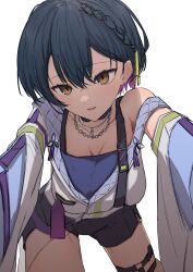 Rule 34 | 1girl, absurdres, alternate costume, belt, black hair, black shorts, blue shirt, braid, breasts, collarbone, colored inner hair, commentary request, detached sleeves, earrings, highres, jacket, jewelry, kaekae kaeru, large breasts, looking at viewer, multicolored hair, necklace, nijisanji, open mouth, purple hair, shirt, short hair, shorts, simple background, single bare shoulder, solo, stud earrings, thigh belt, thigh strap, virtual youtuber, white background, white jacket, yamagami karuta