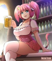 Rule 34 | 1girl, alcohol, animal ears, bare arms, beer, blue eyes, bottle, breasts, cleavage, cow ears, cow horns, cow tail, curvy, doctor zexxck, glass, happy, holding, horns, huge breasts, indoors, large breasts, open mouth, original, pink hair, short hair, sitting, skirt, smile, socks, solo, tail, teeth, thick thighs, thighs, tongue, twintails
