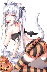 Rule 34 | 1girl, ahoge, all fours, animal ears, ass, bad id, bad pixiv id, bandeau, bare arms, bare shoulders, bat wings, beliatan, black bandeau, black shorts, black thighhighs, blue eyes, blush, breasts, candy, cat ears, cat girl, cat tail, choker, commentary, fake wings, fang, food, frills, hair ornament, halloween, hand up, highres, holding, holding candy, holding food, holding lollipop, jack-o&#039;-lantern, lollipop, long hair, looking at viewer, mole, mole under eye, orange choker, orange shorts, orange thighhighs, original, pumpkin, shorts, sidelocks, silver hair, simple background, small breasts, solo, striped clothes, striped shorts, striped thighhighs, tail, thighhighs, tongue, tongue out, twintails, very long hair, white background, wings