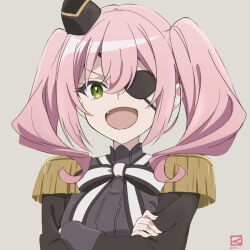 Rule 34 | 1girl, :d, annette (spy kyoushitsu), black hat, commentary request, dated, epaulettes, eyepatch, fang, garrison cap, green eyes, grey background, hair between eyes, hat, highres, long sleeves, looking at viewer, miyahara takuya, open mouth, pink hair, short hair, simple background, smile, solo, spy kyoushitsu, twintails, upper body