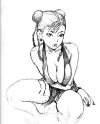 Rule 34 | 1girl, alternate costume, breasts, capcom, china dress, chinese clothes, chun-li, cleavage, dress, greyscale, highres, large breasts, lips, monochrome, pelvic curtain, sketch, solo, squatting, street fighter, street fighter iv (series), willcan