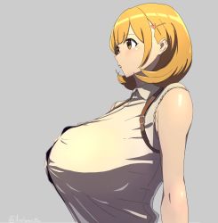 Rule 34 | 1girl, bare shoulders, blonde hair, breasts, brown eyes, bursting breasts, button gap, collared shirt, commentary request, from side, grey background, hair ornament, hairclip, highres, huge breasts, mature female, narusawa ryouka, occultic;nine, shirt, short hair, sideboob, sleeveless, sleeveless shirt, strap, user ywru4775
