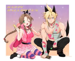 Rule 34 | 1boy, 1girl, 2020, ;d, aerith gainsborough, animal ears, bad id, bad pixiv id, bandaged chest, bandages, bare arms, black footwear, black headwear, black pants, blonde hair, blood, bloody bandages, blue eyes, border, braid, braided ponytail, breasts, brown hair, cleavage, cloak, closed mouth, cloud strife, collarbone, dated, fang, fang out, final fantasy, final fantasy airborne brigade, final fantasy vii, floating hair, full body, green eyes, hair intakes, hair ribbon, hand on another&#039;s shoulder, hat, holding, jacket, krudears, layered skirt, long hair, looking at viewer, medium breasts, mini hat, miniskirt, nipples, official alternate costume, one eye closed, open mouth, outside border, pants, pink blood, pink cloak, pink jacket, pink skirt, ponytail, red ribbon, ribbon, sitting, skin fang, skirt, sleeveless, sleeveless jacket, smile, spiked hair, square enix, squatting, striped clothes, striped thighhighs, sweatdrop, tail, thighhighs, twitter username, very long hair, wariza, white border, witch hat, wolf ears, wolf tail, zettai ryouiki