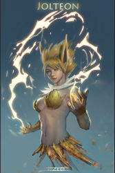Rule 34 | 1girl, animal ears, artist name, blonde hair, blue eyes, breasts, character name, cleavage, closed mouth, creatures (company), electricity, fox ears, game freak, gen 1 pokemon, gloves, highres, humanization, jolteon, lips, looking at viewer, navel, nintendo, pokemon, solo, spiked hair, yellow gloves, zed (trungbui42)