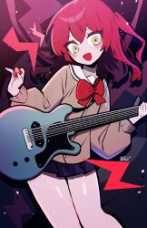 Rule 34 | 122pxsheol, 1girl, :d, absurdres, bare legs, blue skirt, blush, bocchi the rock!, bow, bowtie, dark background, feet out of frame, guitar, highres, holding, holding instrument, holding plectrum, instrument, kita ikuyo, long sleeves, looking at viewer, medium hair, miniskirt, one side up, open mouth, plectrum, red bow, red bowtie, red hair, sailor collar, school uniform, shuka high school uniform, signature, skirt, smile, solo, thighs, white sailor collar, yellow eyes