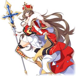 Rule 34 | 1girl, blue eyes, boots, breasts, brown hair, cape, charlemagne (honkai impact), crown, full body, fur-trimmed cape, fur trim, hair ornament, holding, holding polearm, holding weapon, honkai (series), honkai impact 3rd, large breasts, long hair, medium breasts, official art, polearm, solo, thigh boots, third-party source, transparent background, weapon