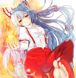 Rule 34 | 1girl, artist name, barefoot, blush, bow, breasts, closed mouth, collar, collared shirt, fire, fujiwara no mokou, hair between eyes, hair bow, hand up, highres, long hair, long sleeves, looking at viewer, medium breasts, multicolored bow, pants, puffy sleeves, ramudia (lamyun), red bow, red eyes, red pants, shirt, sidelocks, silver hair, simple background, soles, solo, toes, touhou, white background, white bow, white shirt